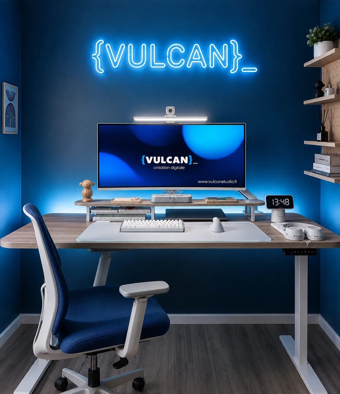 Le bureau de Vulcan Studio : néon {VULCAN}_ au mur, écran ultra-large et ambiance bleue